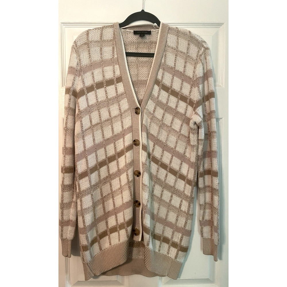 Ann Taylor Woman's Sweater‎ Cardigan Medium Tan Pink Hue Plaid Long Soft Viscous